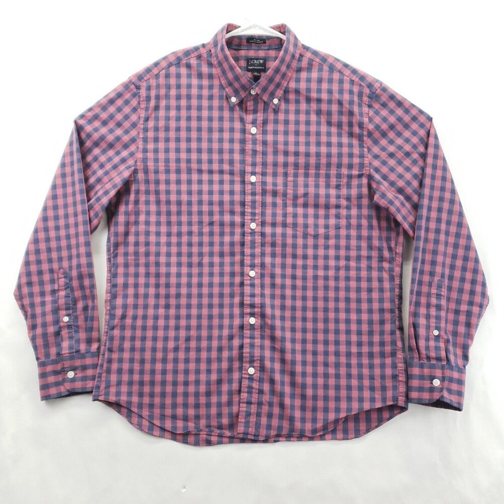 J Crew Untucked Shirt Mens Large Red Navy Plaid Performance Slim Fit Button-Down